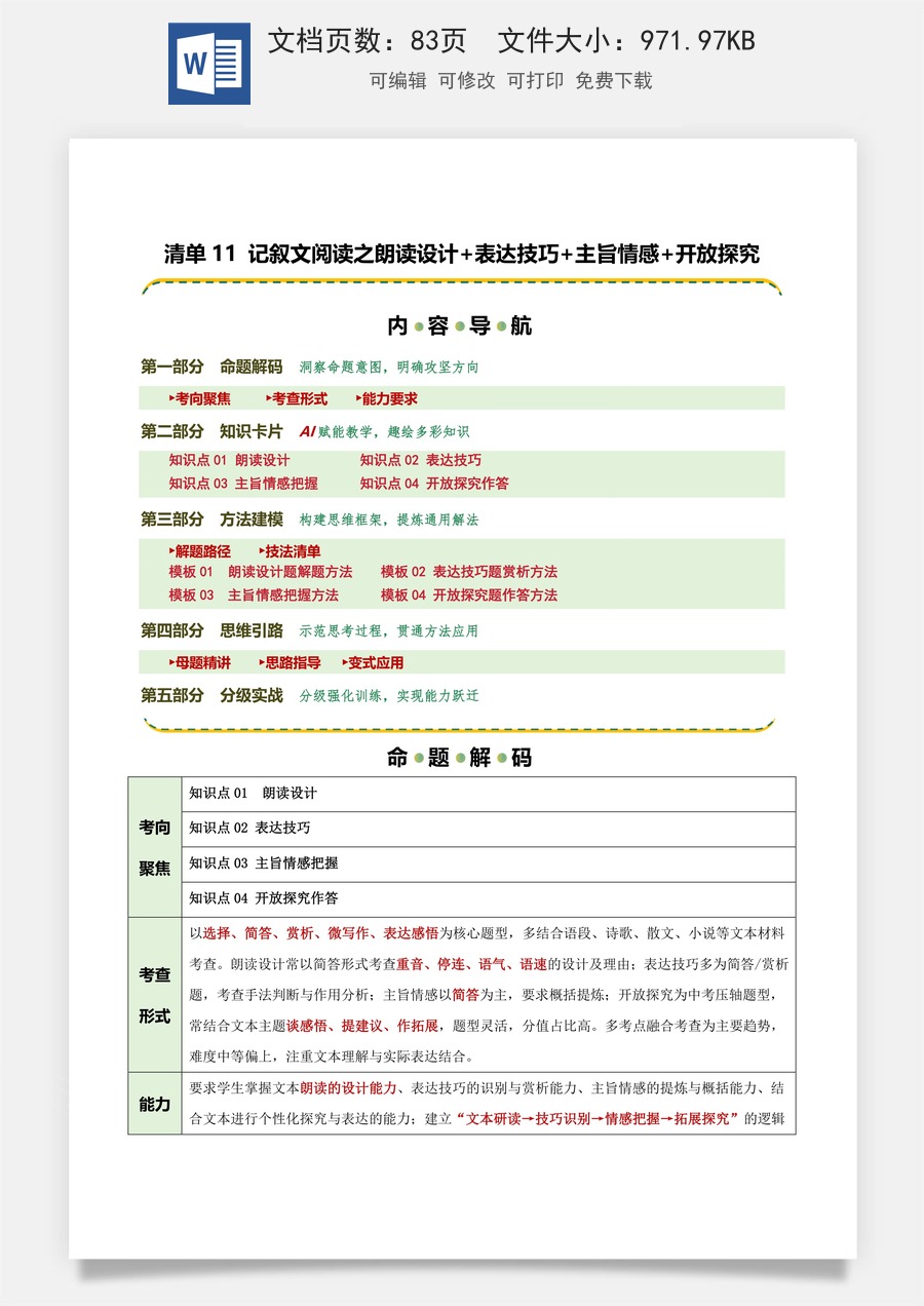 初中-语文-中考语文-二轮复习知识点-清单11 记叙文阅读之朗读设计+表达技巧+主旨情感+开放探究（知识·方法·能力清单）（教师版）.docx